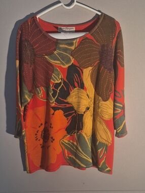 Norm Thompson Bold Floral Knit Top — Orange, Yellow & Green